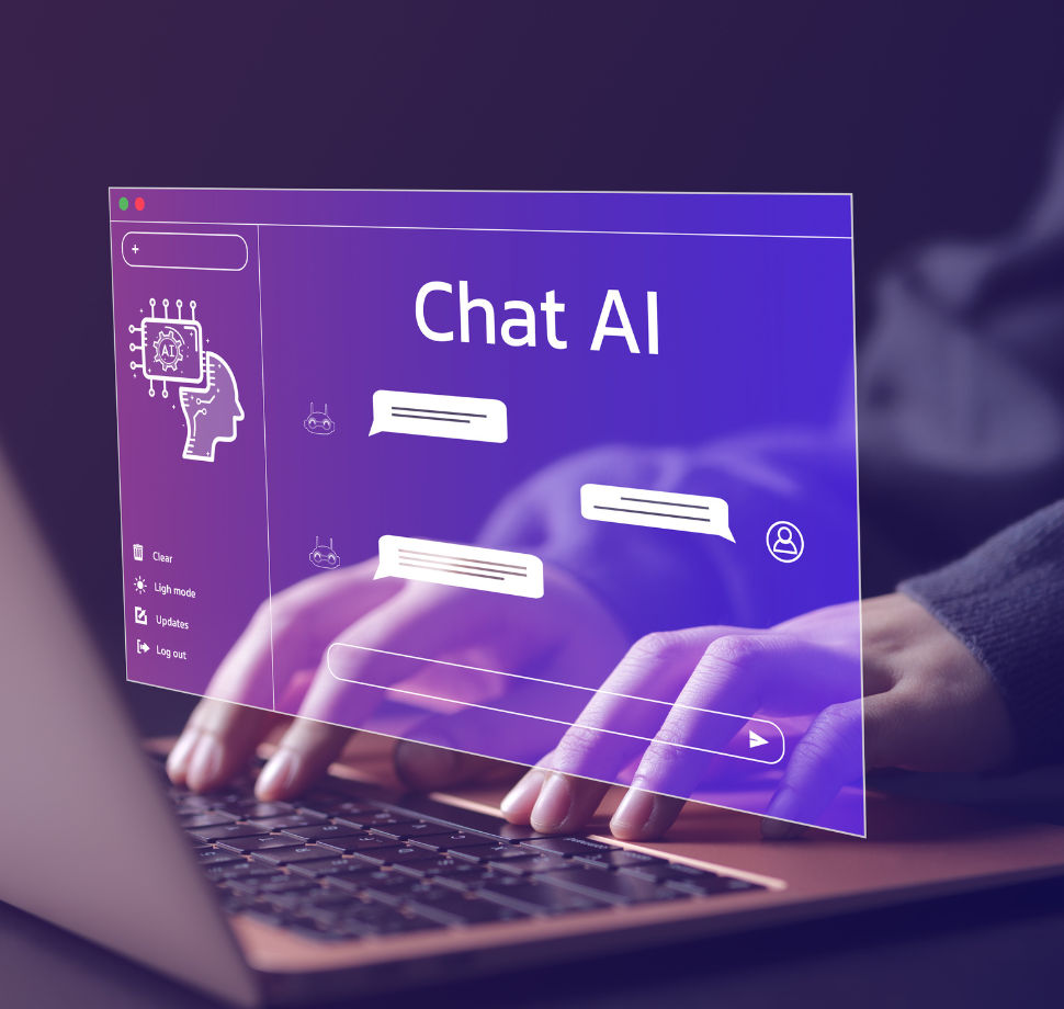 digitales Fenster über einem Laptop mit dem Titel "Chat AI". 