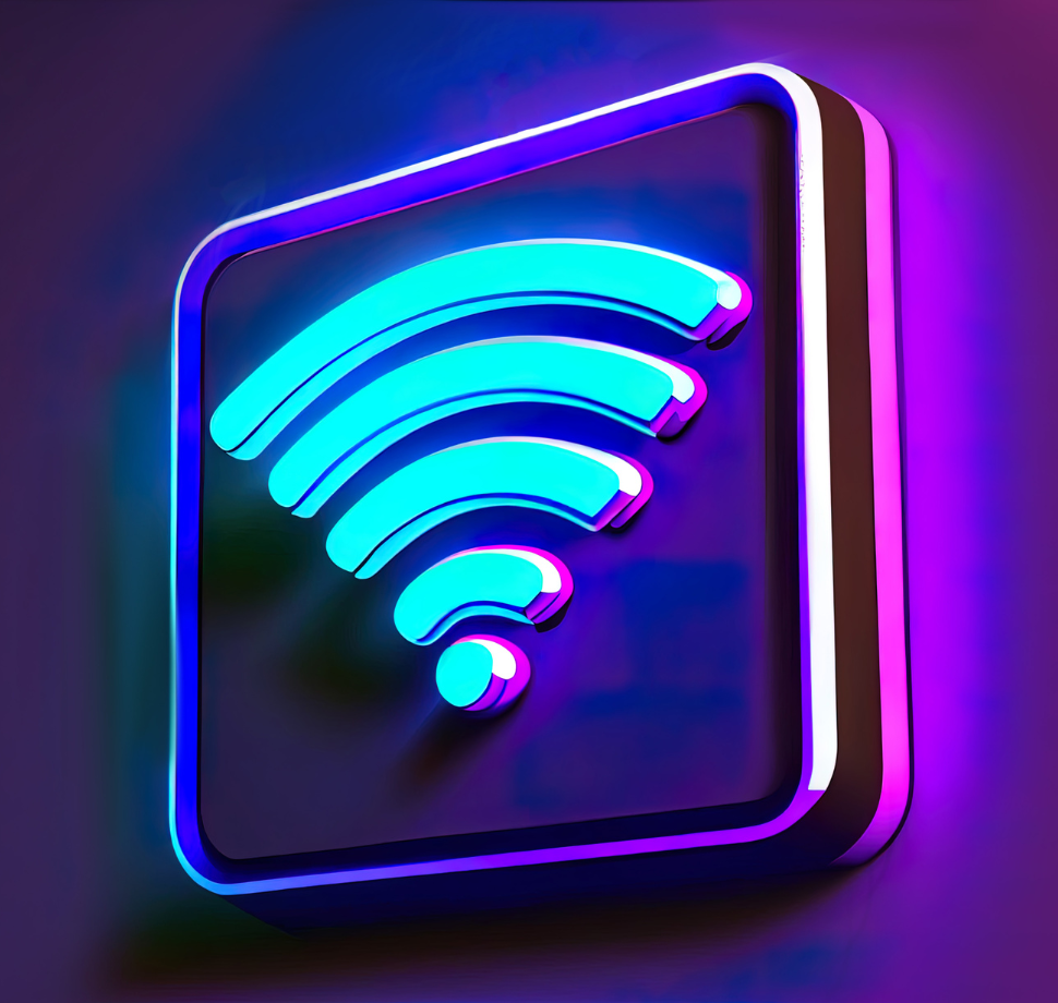 Großes leuchtendes WLAN Symbol in blau und lila gehalten.