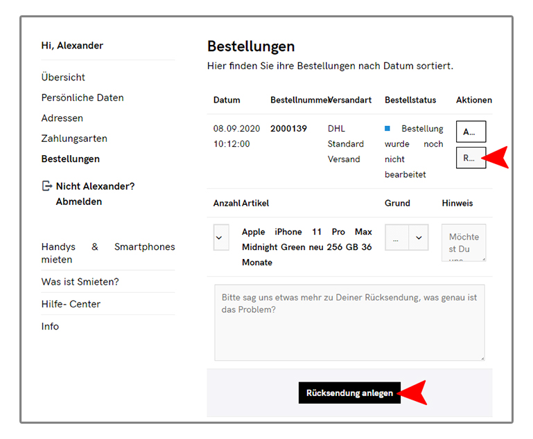 Rücksendung einleiten