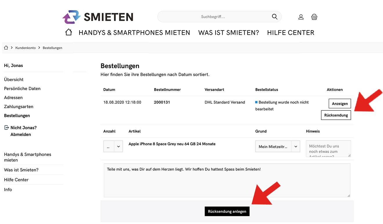 Rücksendung einleiten